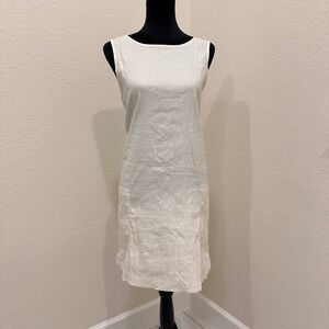 Halston Bone‎ Shimmer Linen Blend Sleeveless Bateau Shift Dress Pockets L
